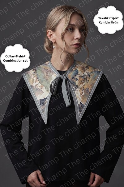 The Champ Clothing تي شيرت نسائي بأكمام طويلة وياقة شال من ماركة Maison مع إك...