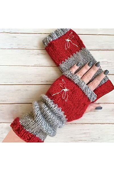 Choice3 One Size Red Elastic Knit Mittens for Women with Dragonfly Embroidery...