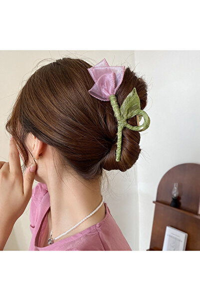Choice1 1 pink Tulip Tulle Flower Shark Clip Hair Claws For Women Elegant Pon...