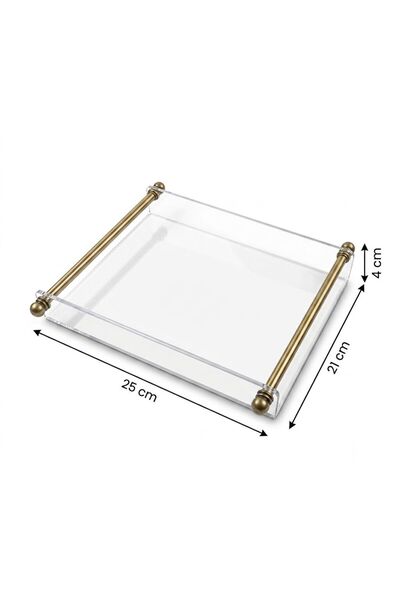 Leila Kristal Mika Sunum Tepsisi - Pirinç Kaplama Metal Kulplu Şeffaf Organizer 25x21 cm
