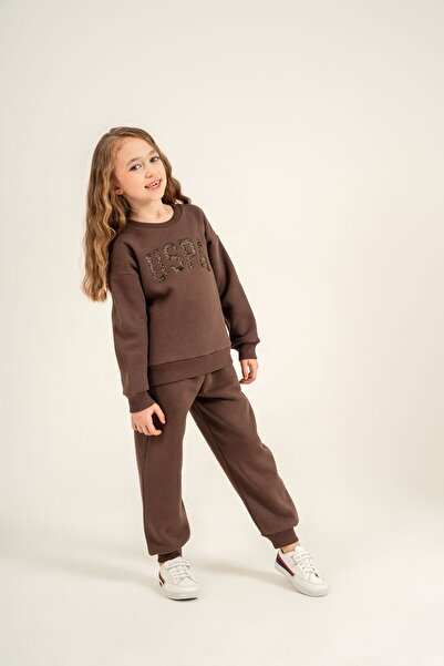 U.S. Polo Assn. Girl's Embroidered Brown Long Sleeve Tracksuit Set Us2723-C-V4