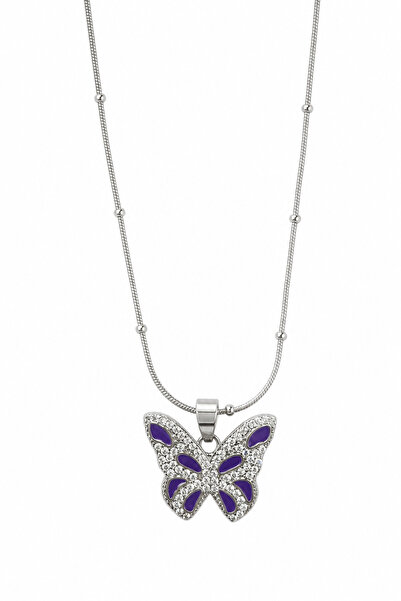 Jack Ferrero Gray Steel Necklace with Purple Stone Butterfly Figure for Women...