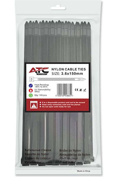 ATC Πλαστικά δεματικά καλωδίων 150mmx3.6mm σε μαύρο χρώμα 100 τεμάχια 20.007....