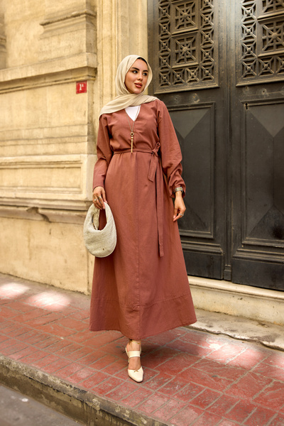 LOCCO Women's V-Neck Waist Tie Linen Dress Tile