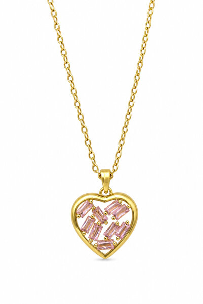 Jack Ferrero Yellow Color Heart Figured Pink Stone Steel Necklace Stylish and...