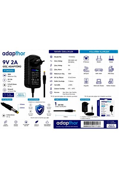 ADAPTHOR TTA-9252 18W 9V 2A 5.5*2.5 PRİZ TİPİ ADAPTÖR