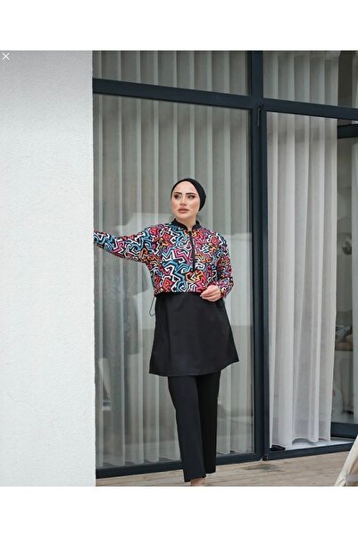 zem moda Tesettür Mayo 3 Parça Desenli Paraşüt Kumaş Fermuarlı Tam Kapalı Den...