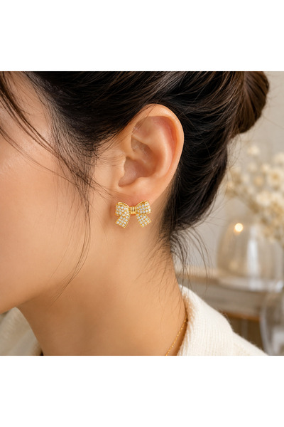 Kumru Studio Gold Stone Detailed Bow Earrings