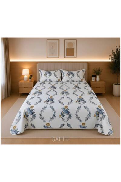 Şahinhome 100% Cotton Blue Floral Fitted Sheet Double Pique Set