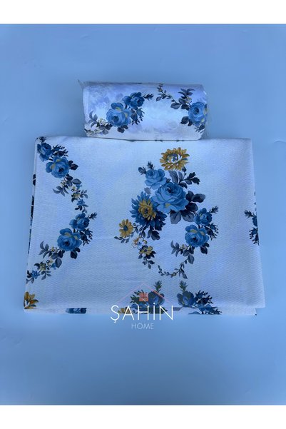 Şahinhome Set de lenjerie de pat dublă, elastică, cu flori albastre, 100% bumbac