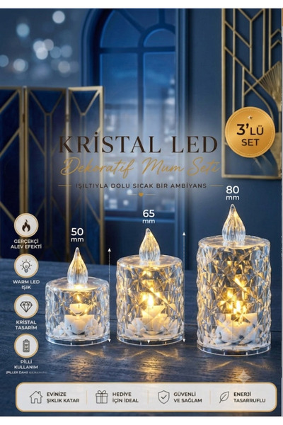 TARIK HOME 3'lü Set Pilli Kristal Tasarımlı Led Mum - Alev Efektli Dekoratif ...
