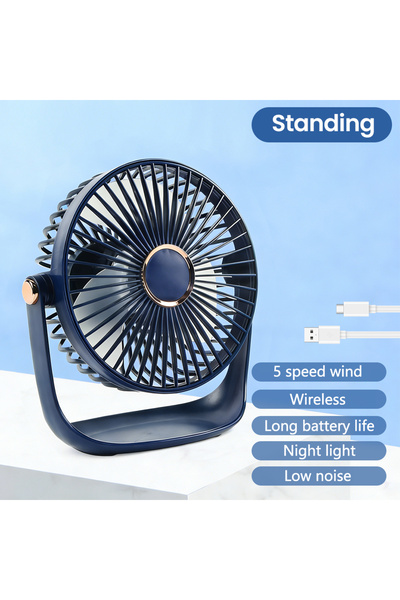 Choice1 مروحة مكتبية زرقاء قابلة لإعادة الشحن عبر USB مع إضاءة ليلية LED و5 س...