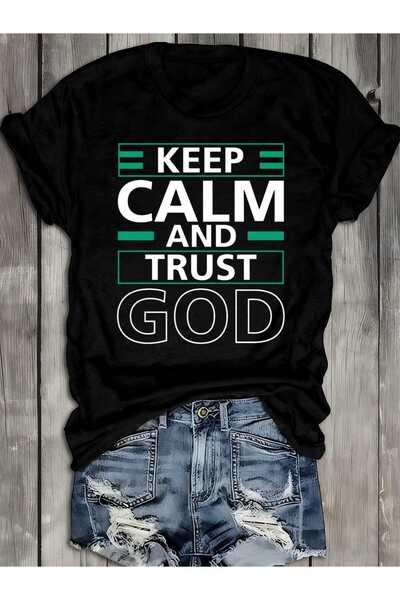 LİNA06 قميص أسود 100% |   تيشيرت Keep Calm Trust God، برقبة دائرية، وأكمام قص...