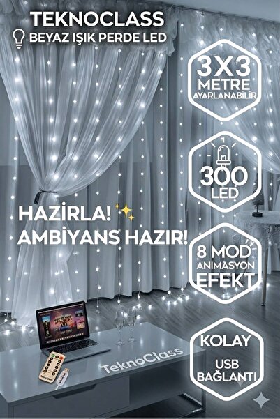 TeknoClass Beyaz Perde Led Işık 3x3 Metre Kumandalı 8 Mod Ambiyans Ayarlabili...