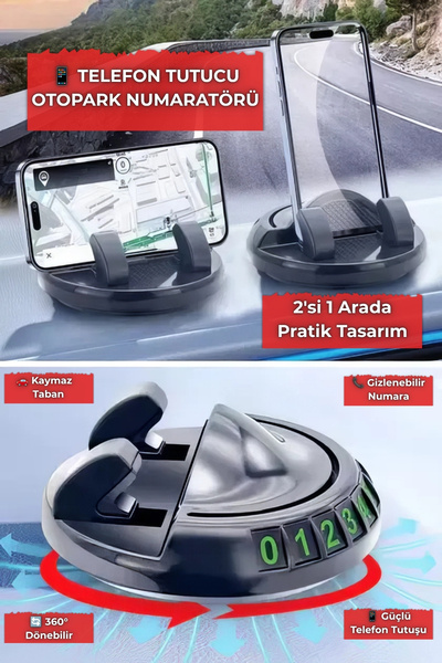 ALFAGİFT Telefon Tutucu Otopark Numaratörü 2'si 1 Arada 360° Döner Araç İçi T...