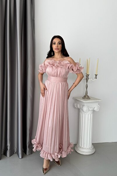Serica Moda Pudra Volanlı Askılı Fırfırlı Astarlı Şifon Abiye Elbise