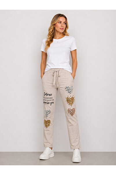 Sibel Günay Butik Stone Italian Lycra Sequin Heart Detailed Jogger Pants |   ...