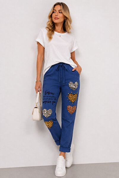 Sibel Günay Butik Blue Italian Lycra Sequin Heart Detailed Jogger Pants |   W...