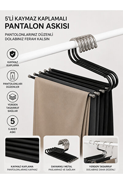 GenelTedarik 5'li Kaymaz Kaplamalı Pantolon Askısı | Paslanmaz Metal Dolap Dü...