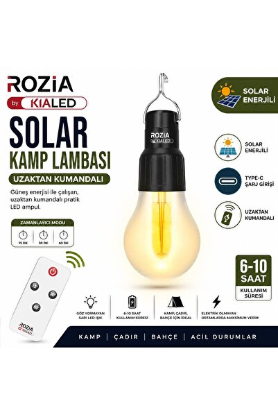 ROZIA Solar Kamp Lambası Uzaktan Kumandalı Şarjlı LED Ampul | Type-C | 6-10 S...