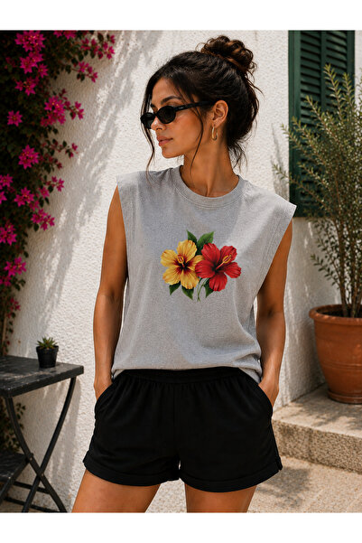 caddekombin Zero Sleeve Floral Printed Cotton Combed Crew Neck T-Shirt
