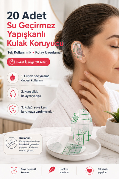 DİVAYS 20 Adet Su Geçirmez Yapışkanlı Kulak Koruyucu Tek Kullanımlık Kulak Bandı