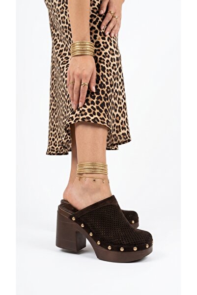 Eysha Tarex Women's Heeled Sabo Suede Platform Thick Heel Laser Cut Perforate...