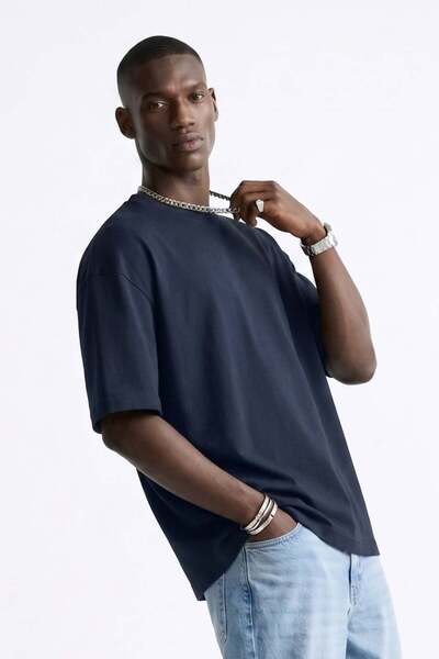 BARRELS AND OIL Men's Crew Neck Regular Fit T-Shirt - Navy Blue