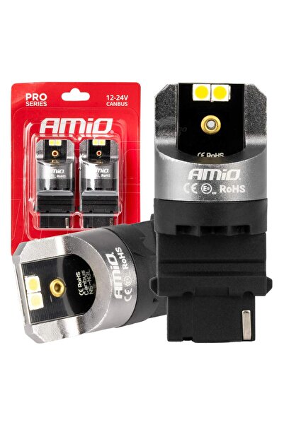 AMIO Becuri auto LED CANBUS seria PRO P27W 4x3030 SMD White 12V 24V, lumina a...