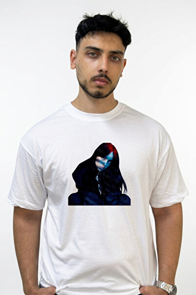 Anetos Billie Eilish_83 Design Printed Oversize White T-Shirt