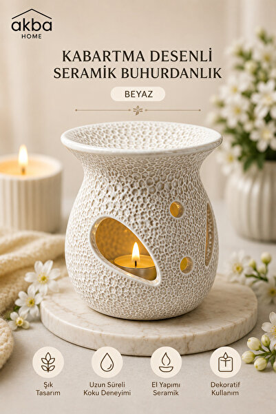 AKBA HOME Kabartma Desenli Seramik Buhurdanlık Dekoratif Tealight Mumluk Oda ...