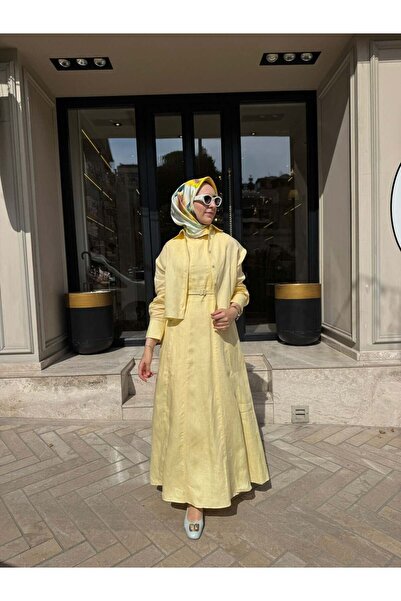TERZİ DÜKKANI D54 Amanda Keten Kolsuz Elbise Gömlek Takım Sarı
