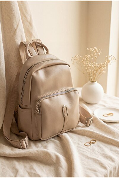 Modamorfo Women's Backpack with Woven Straps and Double Zipper - Mink