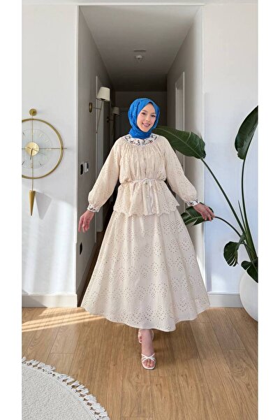 Nes Moda Kadın Yeni Sezon Nakış Detaylı Fisto Tunik Etek Takım Elbise