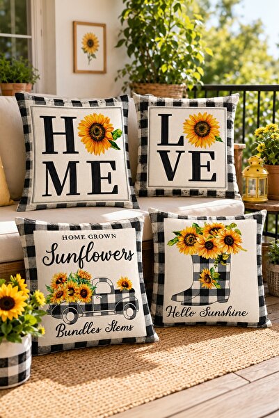 EVPANYA Set de 4 huse de pernă cu model floarea-soarelui Home Love