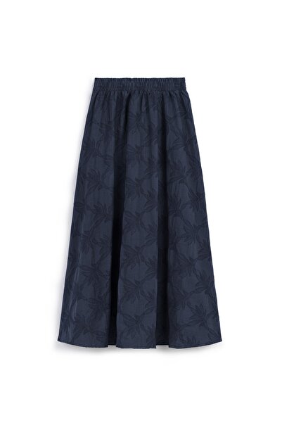 praye Embroidered Linen Skirt Navy Blue