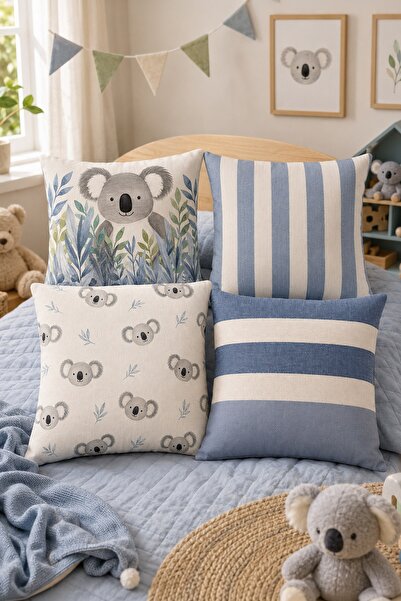 EVPANYA Sevimli Koala Desenli 4'Lü Çocuk ve Bebek Kırlent Kılıfı Seti