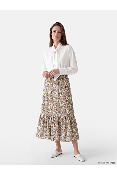 LC Waikiki Lcw Grace Beige Floral Pleated Skirt with Elastic Waist
