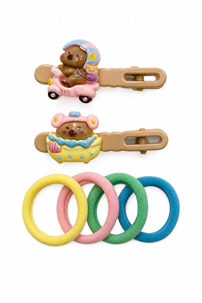 Jack Ferrero Set of 2 Hair Clips and Colorful Rubber Bands with Cute Teddy Be...