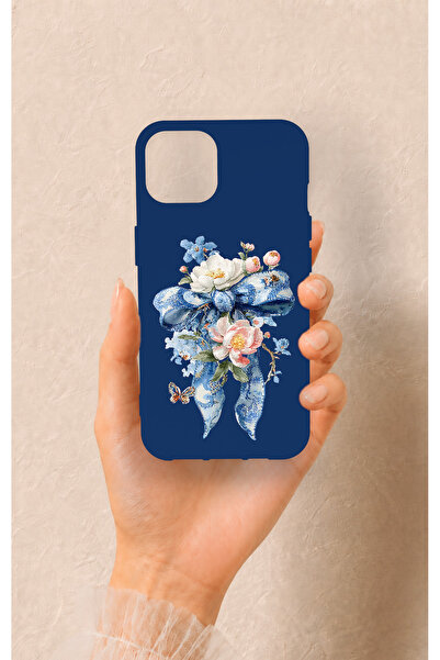 Vip Case iPhone 13 Uyumlu Mavi Kurdeleli Çiçek Desenli Silikon Kılıf