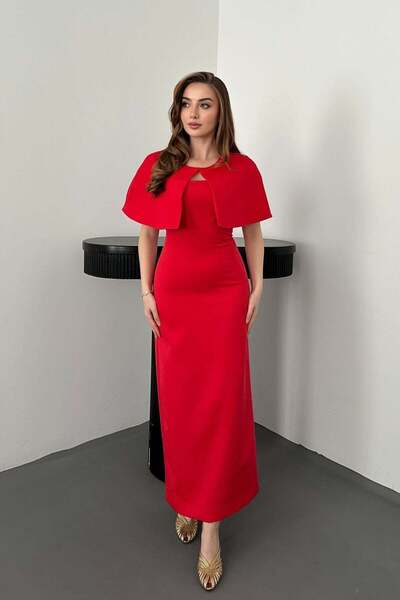Elbee Fashion Woman Κόκκινο φόρεμα στράπλες με κάπα