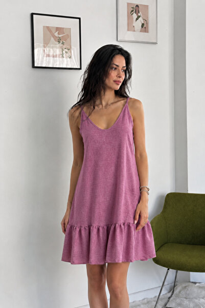 World Fashion Trends Keten Look Fabric Woven Dress with Adjustable Straps