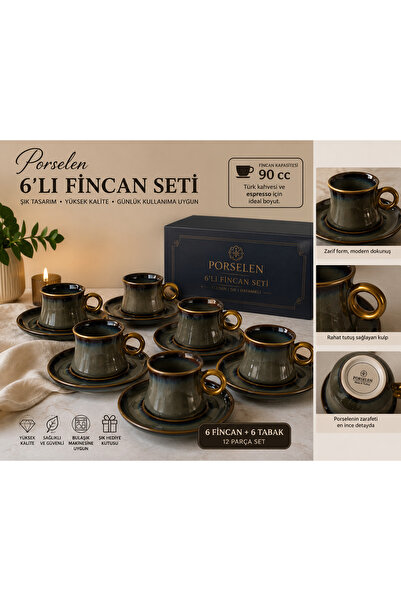Atak Hediyelik Porcelain 6-Piece Coffee Cup Set - Special Design with Gold Ha...