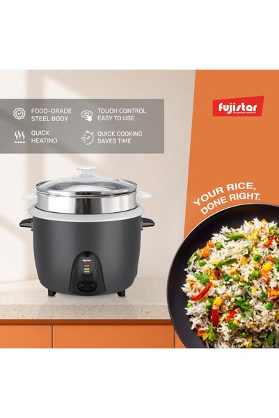 fujistar جهاز طهي الأرز 3 في 1 بقوة 1000 واط وسعة 2.8 لتر، بسماكة هيكل 0.3 مم، غطاء زجاجي، كابل نحاسي 100%، وعاء بخار من الفولاذ 410 - موديل FSRC383