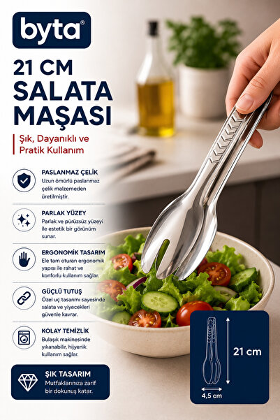 BYTA 21 cm Luxury Stainless Steel Salad Tongs – Ergonomic Serving and Present...