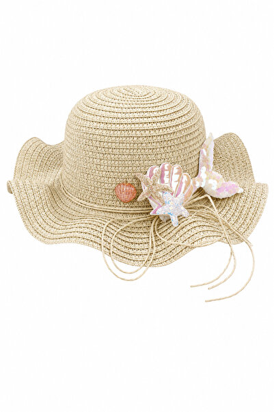 bebegen Girl's Beige Sequined Seashell Straw Fedora Hat 1-4 Years Old