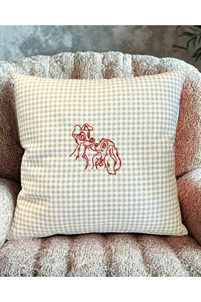 Elegancembroidery Nakışlı Romantik Köpek Çifti Keten Kırlent Kılıfı Kareli Be...