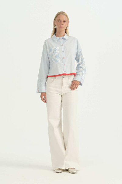 Nihan Striped and Patterned Fabric Mix Crop Shirt - Light Blue