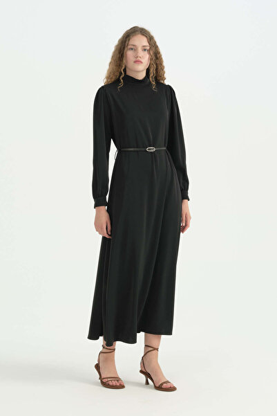 Nihan Pile Detailed Belted Dress - Black
