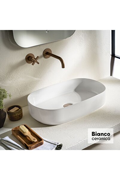BIANCO CERAMICA Uma Eπιτραπέζιος Πορσελάνινος Νιπτήρας 55x36εκ Λευκό Γυαλιστερό